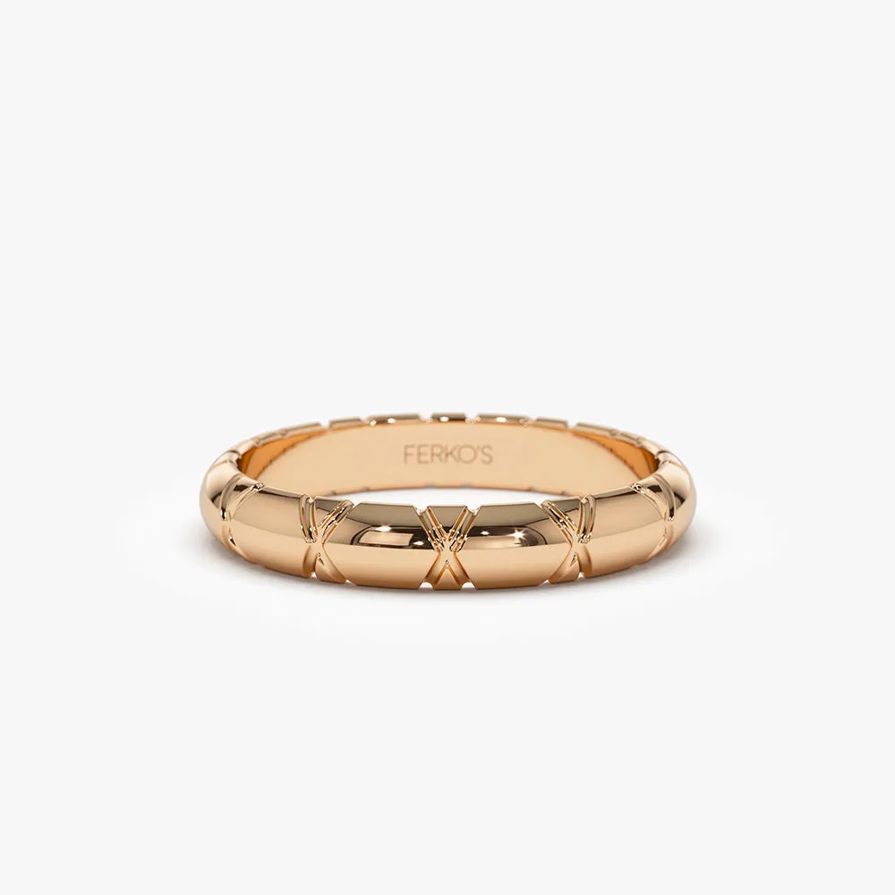 14k 3MM Unique X Cut Design Gold Wedding Ring