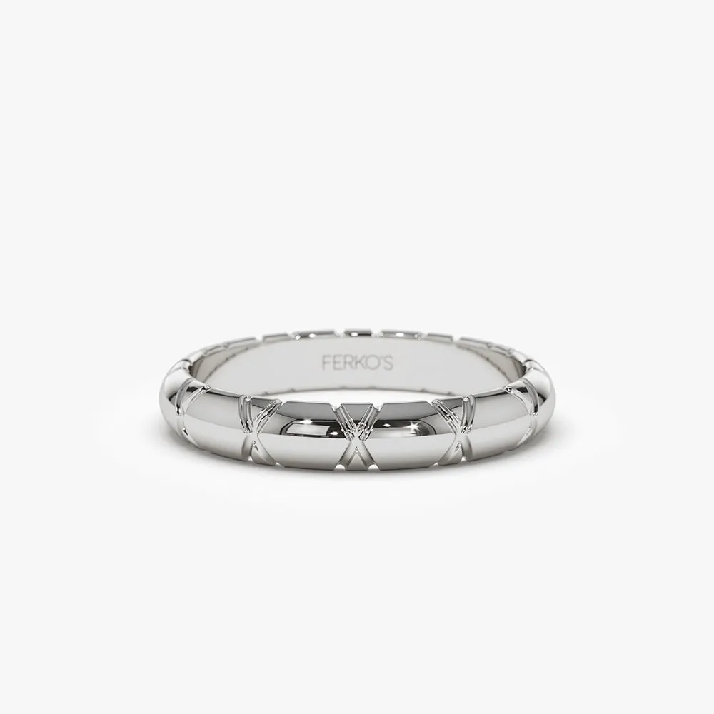 14k 3MM Unique X Cut Design Gold Wedding Ring