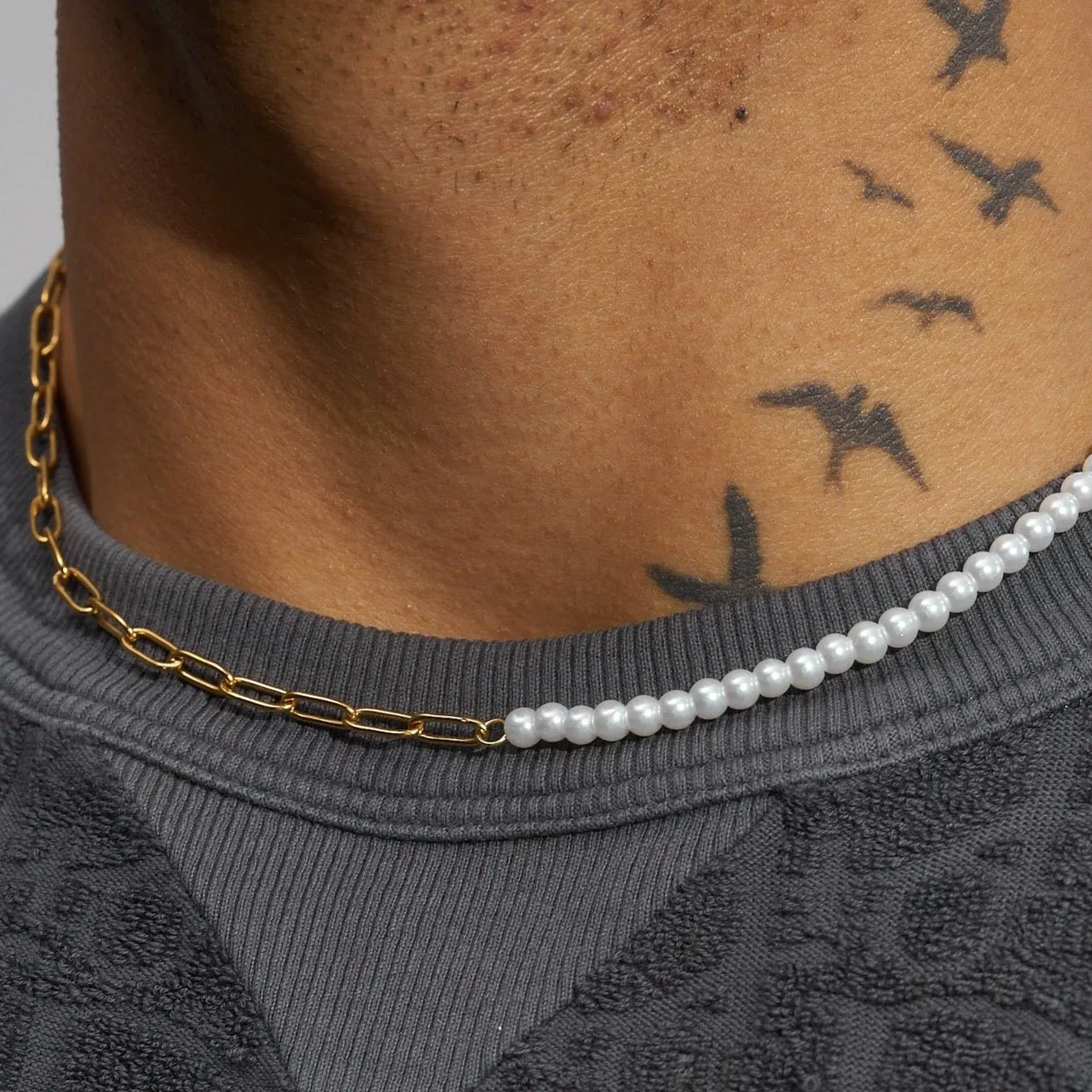 4mm Half Pearl & Link Necklace - Gold