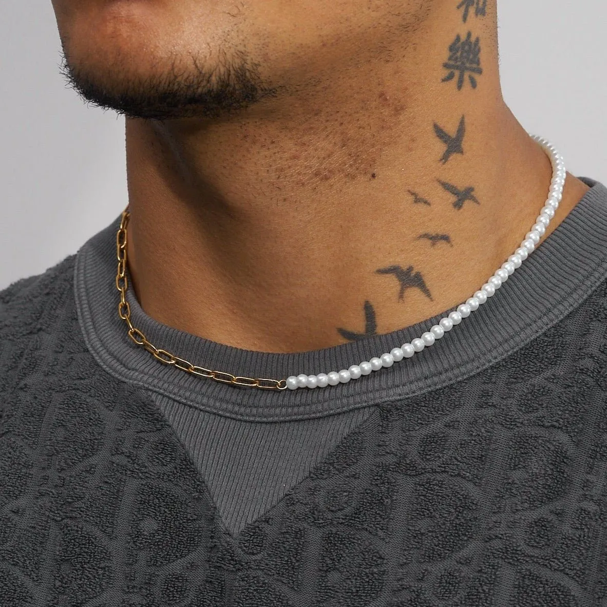 4mm Half Pearl & Link Necklace - Gold