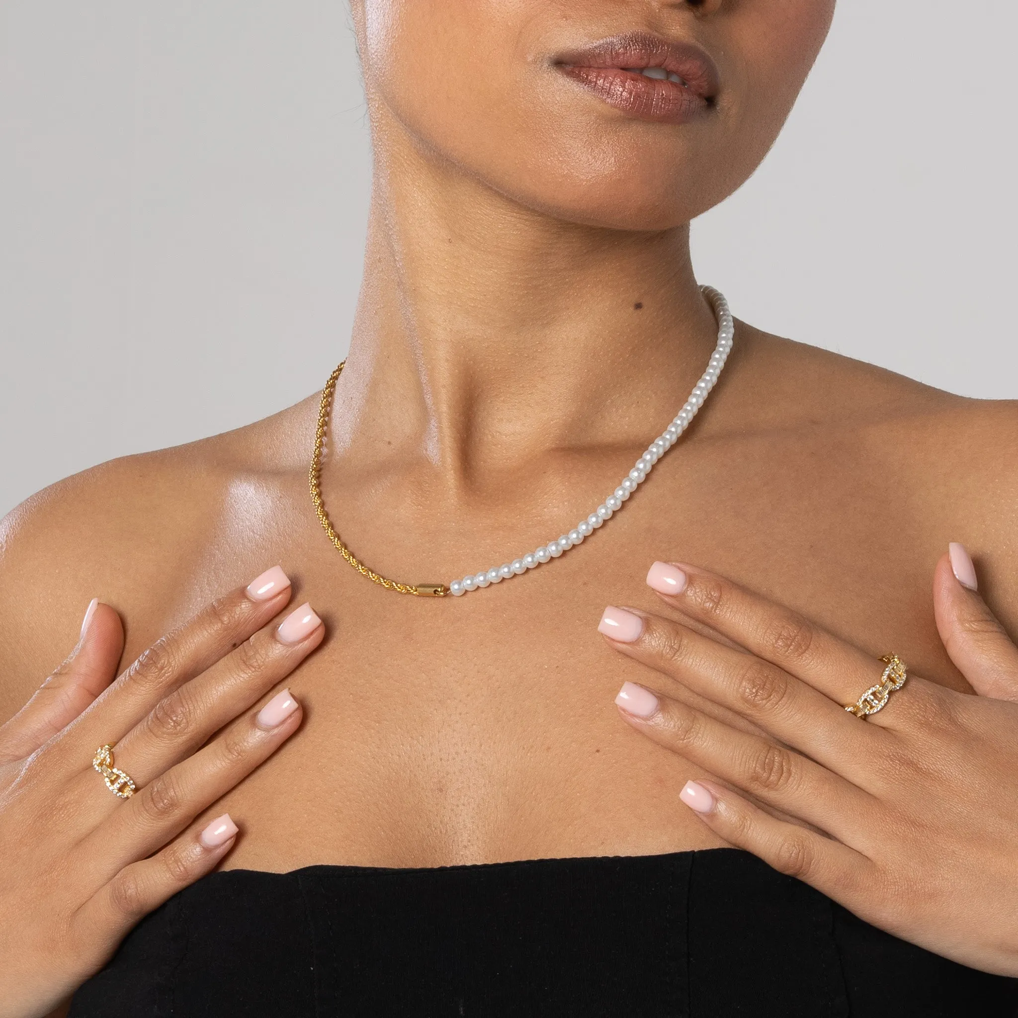4mm Half Pearl & Rope Necklace - Gold