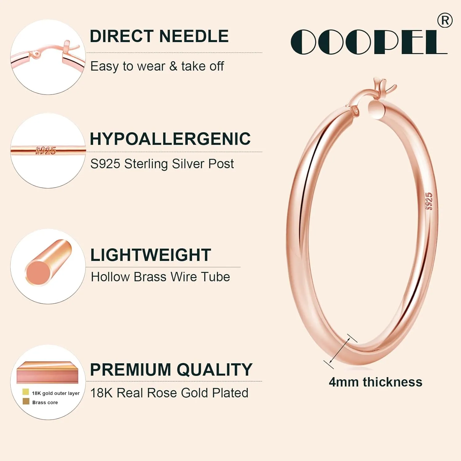 4mm Thick Gold Chunky Earrings Steling Silver Post Hoops Earrings For Women Hollow Tube Hoops Earrings Thick Gold Hoop Earrings Hypoallergenic Lightweight Gold Hoop Large Earrings 20/30/40/50/60MM