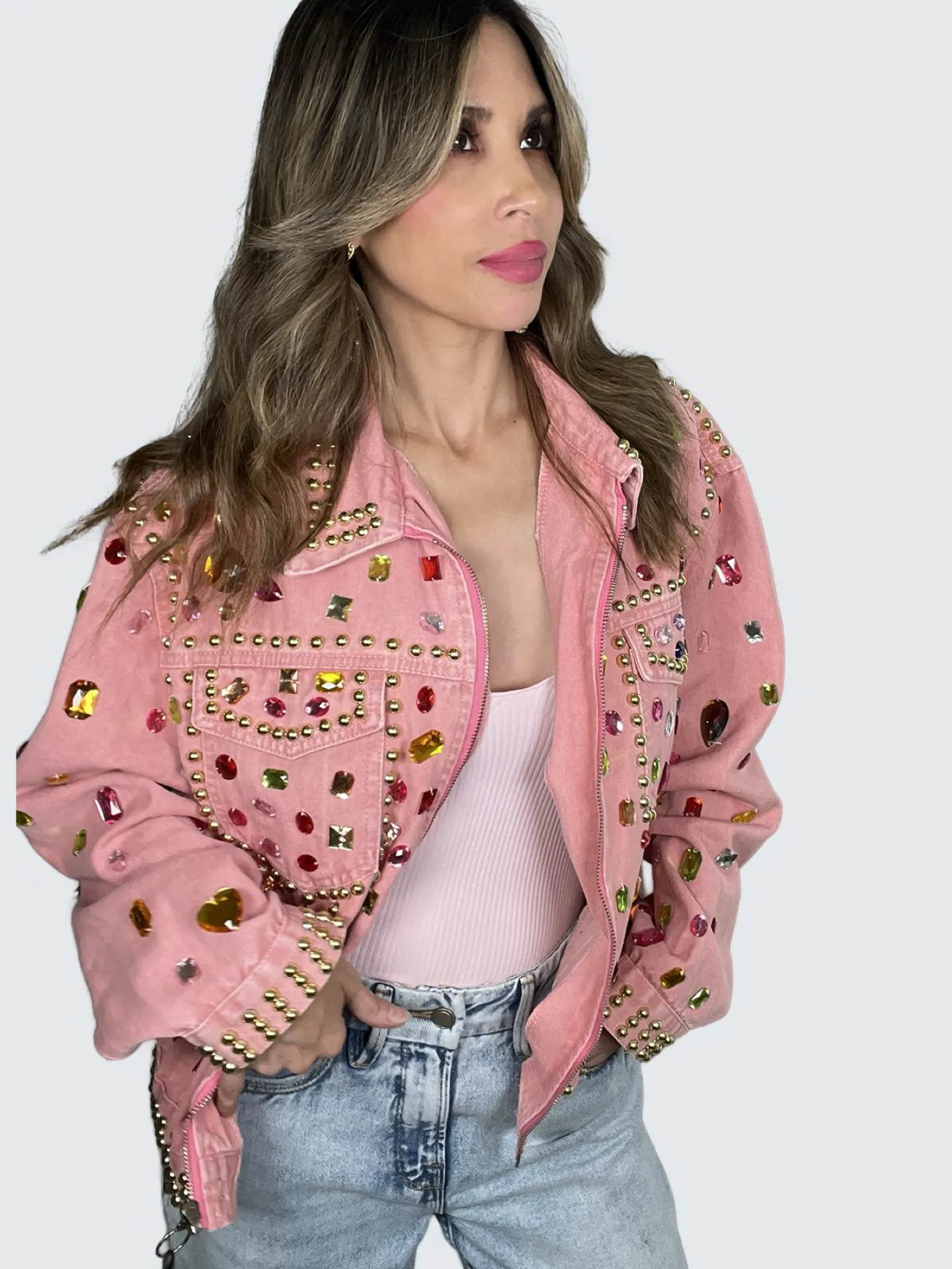 Chic Pink Multi Color Crystal Denim Jacket