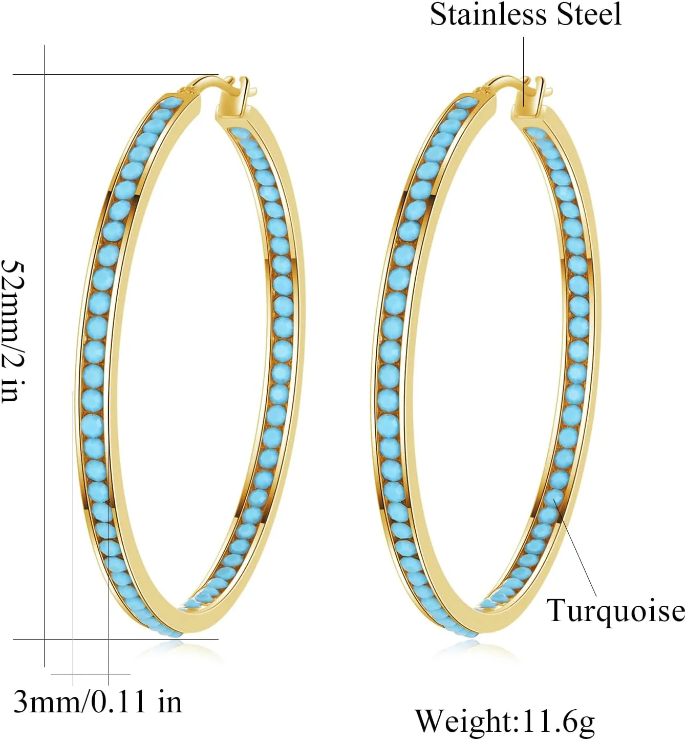 CiNily Mult-colors Crystal Stainless Steel Hoop Earring for Women Hypoallergenic Jewelry for Sensitive Ears Large Big Hoop Earrings 2"