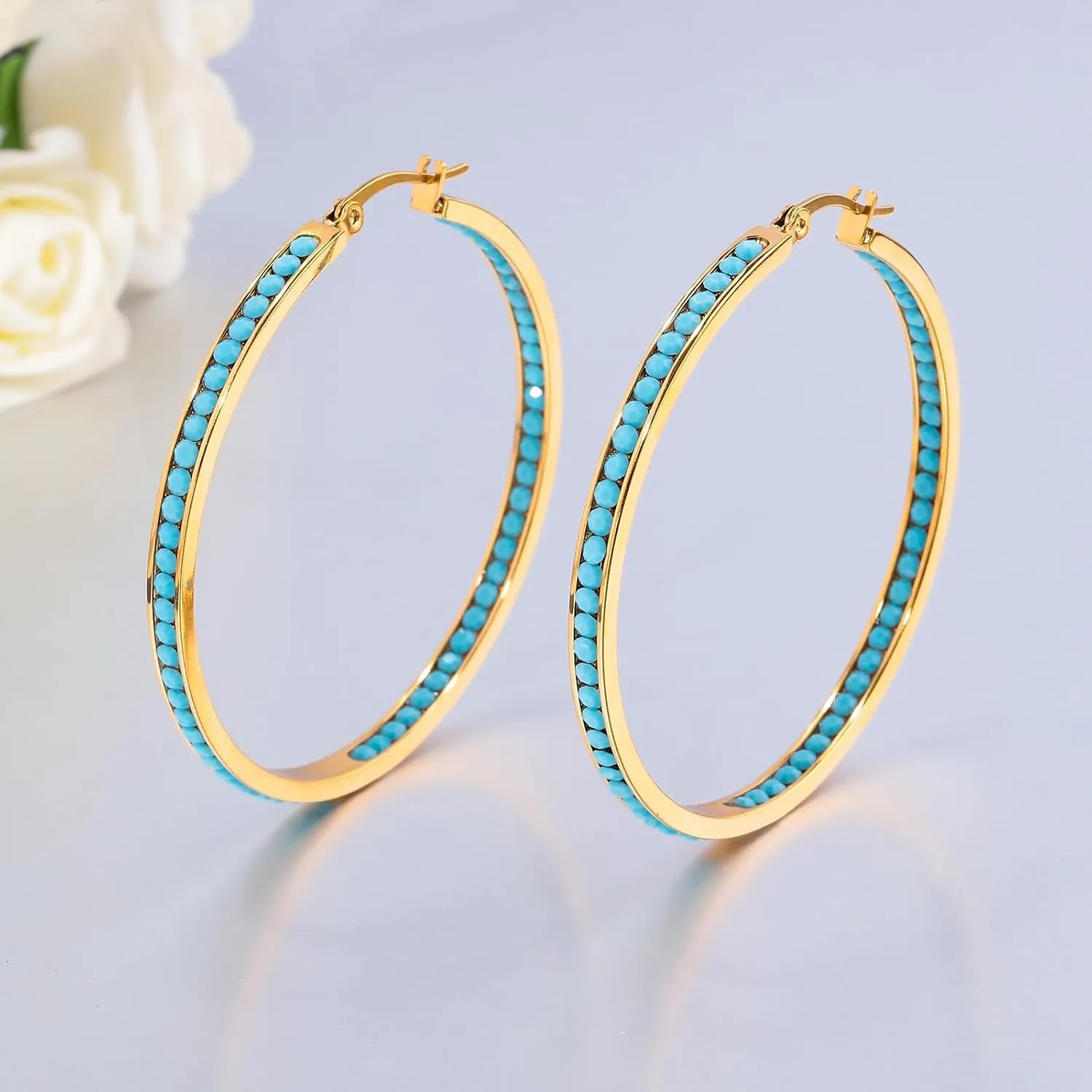 CiNily Mult-colors Crystal Stainless Steel Hoop Earring for Women Hypoallergenic Jewelry for Sensitive Ears Large Big Hoop Earrings 2"