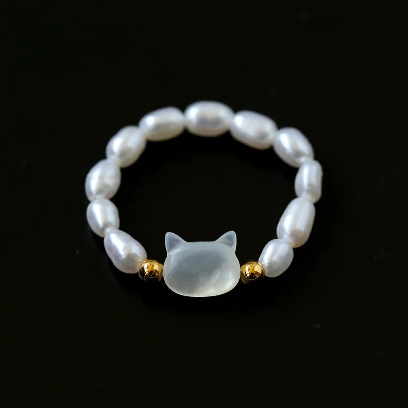 Cute Rabbit Cat Pearl Black Spinel Stretch Ring