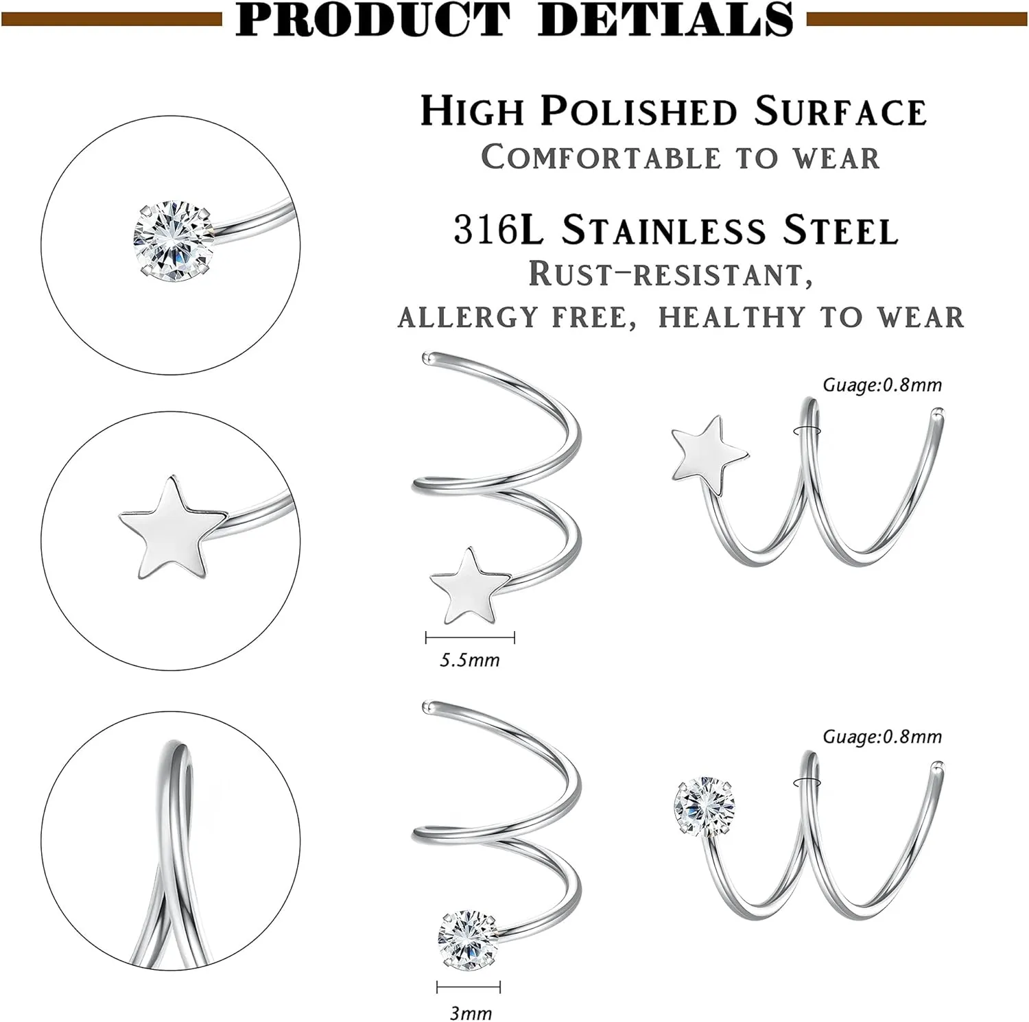 Drperfect 10 Pairs Twisted Hoop Earrings for Women - 316L Stainless Steel Spiral Cuff Wrap Double Hoop Twist Earrings