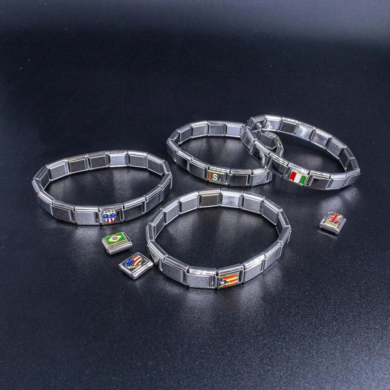 Fablinks Italian Bracelet Charms, 9mm Stainless Steel Flag Charm Link Jewelry for Women, Ethnic Pride Country Flags Enamel Links for Men