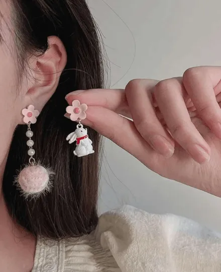 Kawaii - Rabbit and ribbon earrings | fluffy cloud earrings | Pearl dangle earrings | Mismatched earrings | Kawaii easter bunny earrings