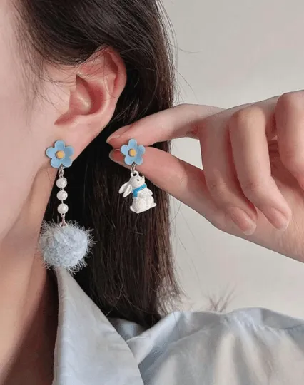 Kawaii - Rabbit and ribbon earrings | fluffy cloud earrings | Pearl dangle earrings | Mismatched earrings | Kawaii easter bunny earrings