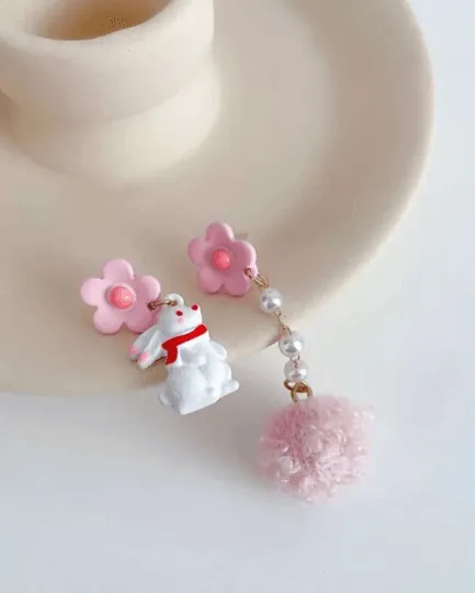 Kawaii - Rabbit and ribbon earrings | fluffy cloud earrings | Pearl dangle earrings | Mismatched earrings | Kawaii easter bunny earrings
