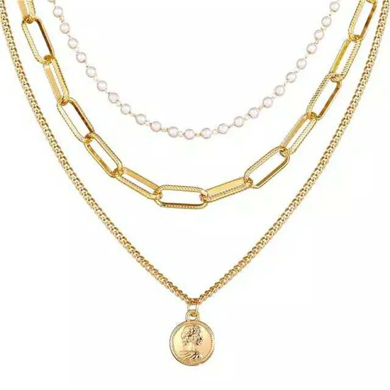 Multi Layer Lock Portrait Pendants Necklaces For Women Gold Metal Key Heart Necklace