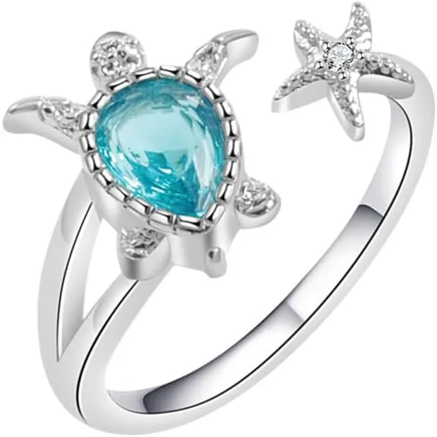 OIDIMS Sea Turtle Starfish Statement Ring Blue Cubic Zirconia Adjustable Open Crystal CZ Animals Pets Nature Ocean Rings Finger Band Eternity Wedding Engagement Cute Jewelry for Women
