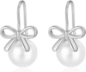 Pearl Earrings for Women Cute Bow Pearl Drop Earrings Elegant Hypoallergenic Gold Jewelry for Women