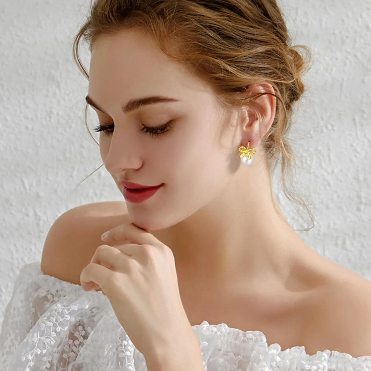 Pearl Earrings for Women Cute Bow Pearl Drop Earrings Elegant Hypoallergenic Gold Jewelry for Women