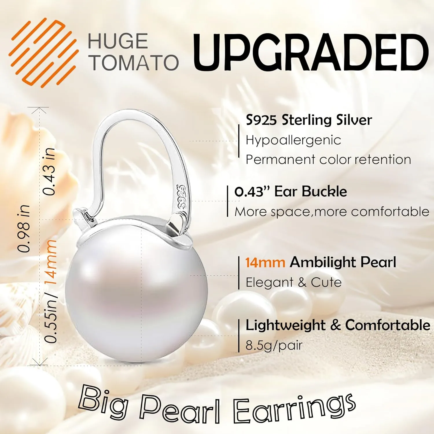 Pearl Earrings for Women Trendy, 14mm 925 Sterling Silver Pearl Drop Earrings Fashion, Large Shell Pearl Hoop Earring Dangle Jewelry for Wedding Gift