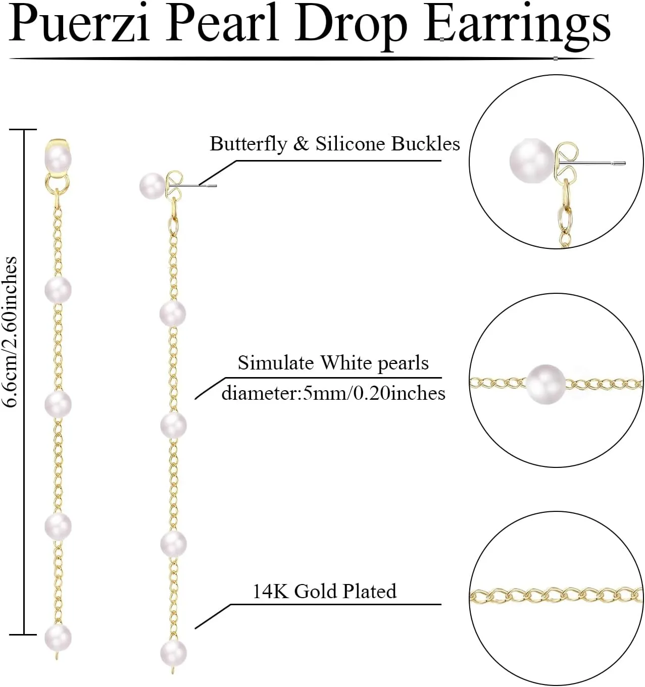 Pearl Earrings4mm 5mm 6mm Gold/Silver Dangle Earrings for Women White Long Drop Pearl Dangling Earrings Bridal Wedding Dainty Prom Earrings Birthday Gifts Jewelry