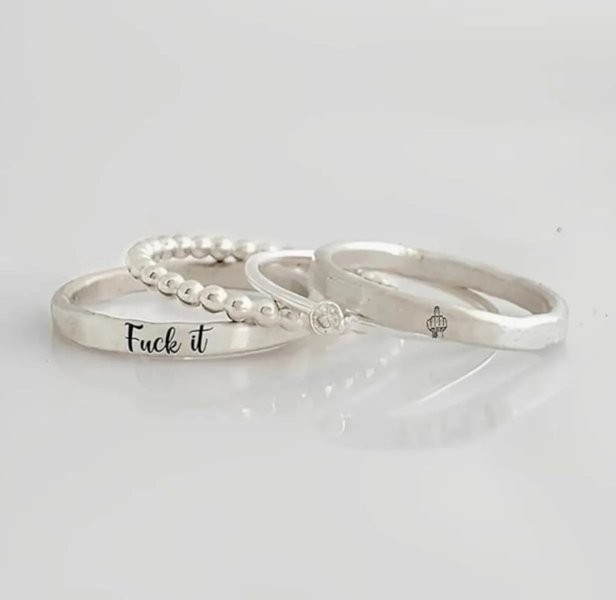 S925 Fuck it Stacked Ring - 4 Rings Set,Fuck It Dainty Bar Ring,Funny Engraved Fuck It Ring Stackable Fuck Rings for Wome, Friendship Ring Statement Signet Ring Jewelry Gifts for Women and men