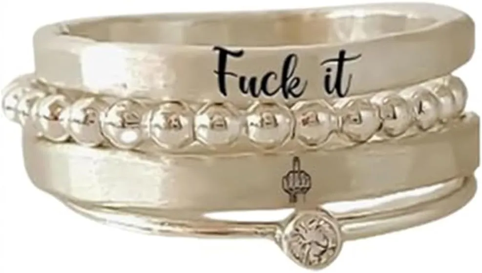 S925 Fuck it Stacked Ring - 4 Rings Set,Fuck It Dainty Bar Ring,Funny Engraved Fuck It Ring Stackable Fuck Rings for Wome, Friendship Ring Statement Signet Ring Jewelry Gifts for Women and men