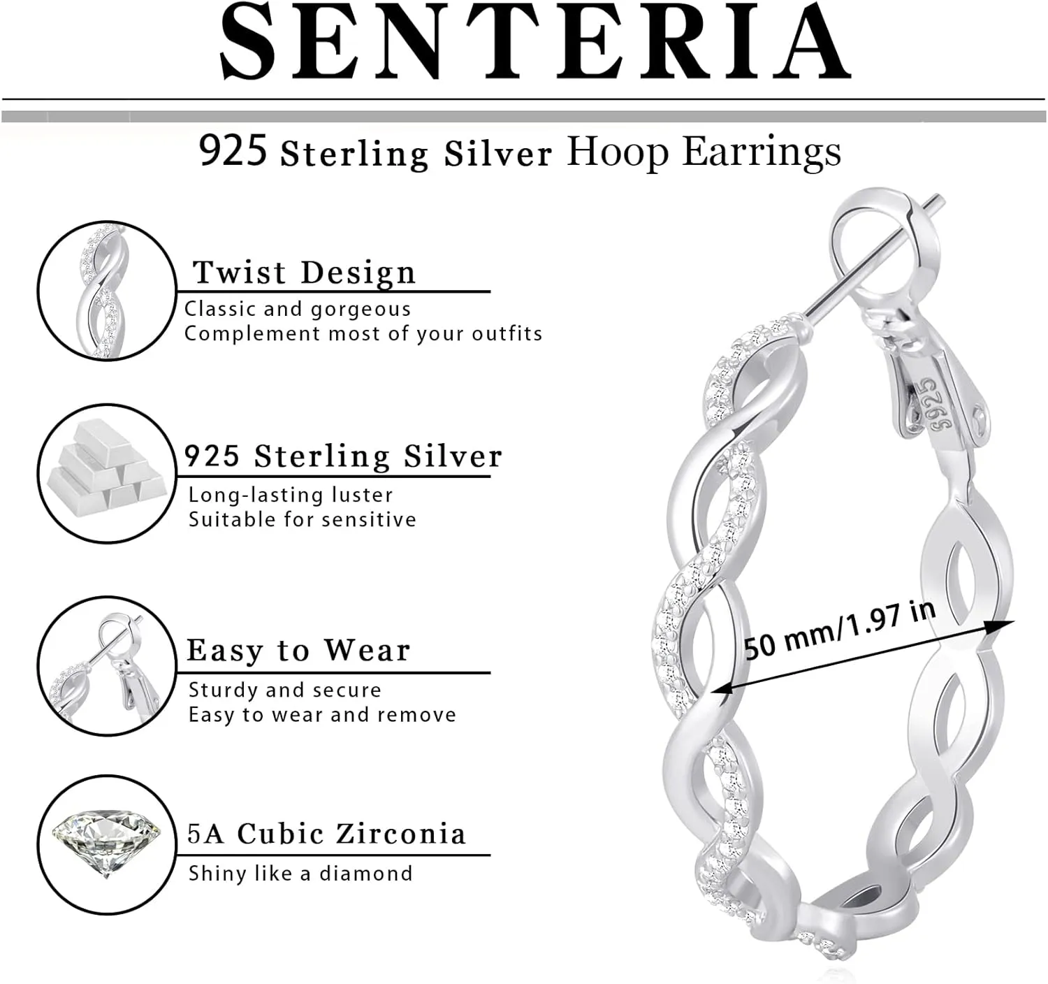 Senteria 925 Sterling Silver Earrings Hoops for Women Lightweight Twisted Hoop Earrings With Cubic Zirconia Hypoallergenic Hoops Earrings (20/30/40/50/60MM)