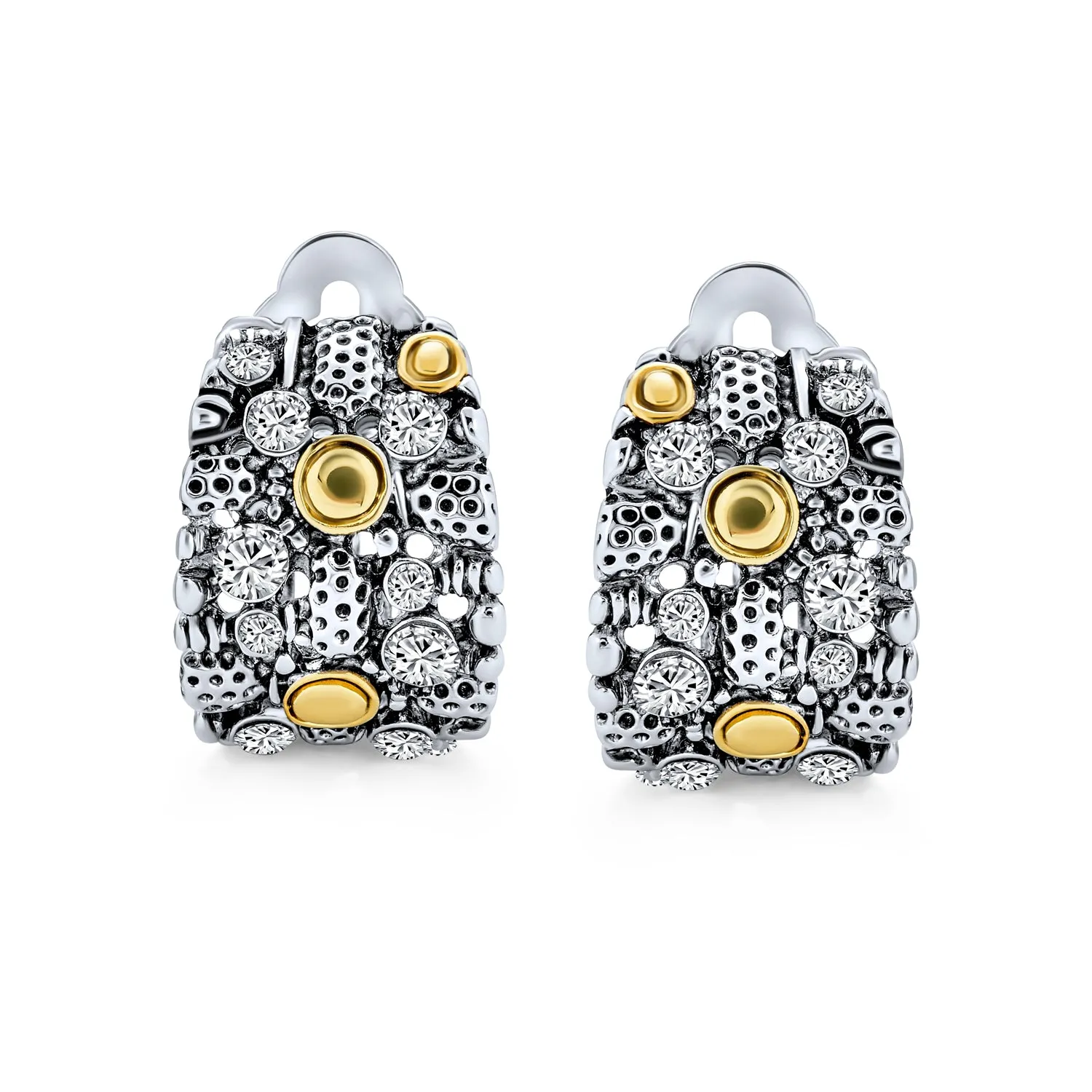 Steampunk Crystal Half Hoop Clip-On Earrings for Non-Pierced Ears Silver Gold Tone