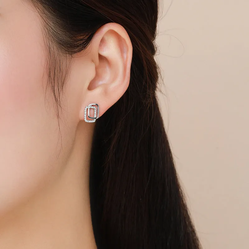 Trendy Three-Dimensional Sterling Silver Earrings with Zircon Gem